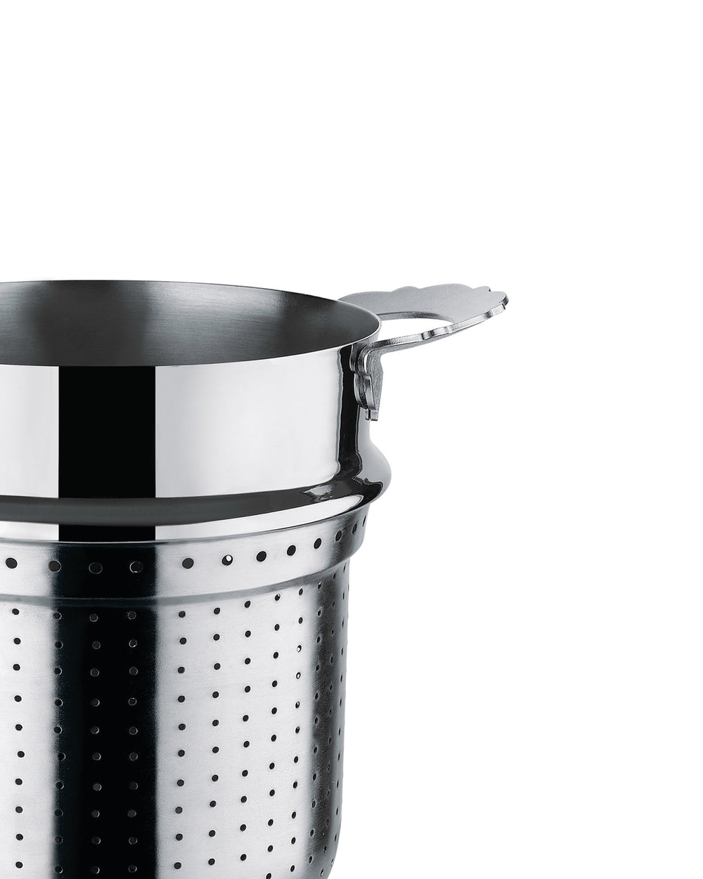 Silver-toned, perforated pot insert by Alessi with a decorative, scalloped handle, shown cropped.