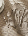 Mami silver cutlery set by Alessi on a beige plaid tablecloth with a fringed napkin.