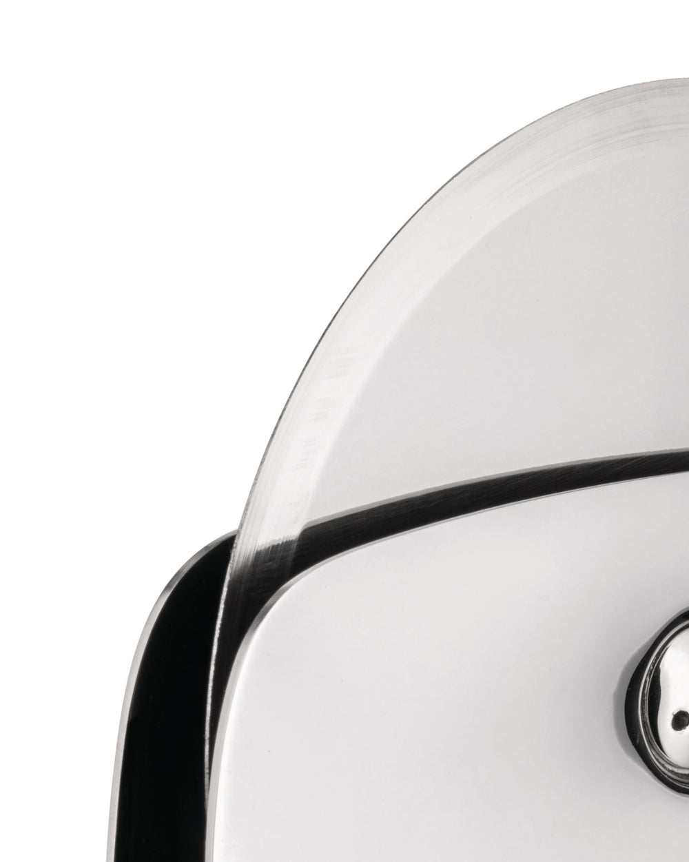 Silver metallic pizza cutter by Alessi with a circular blade and black handle detail, shown cropped.