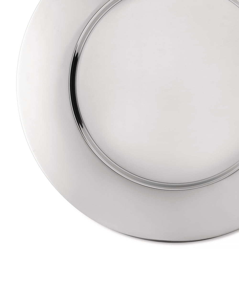 White charger plate by Alessi with a polished silver-colored rim, shown cropped.