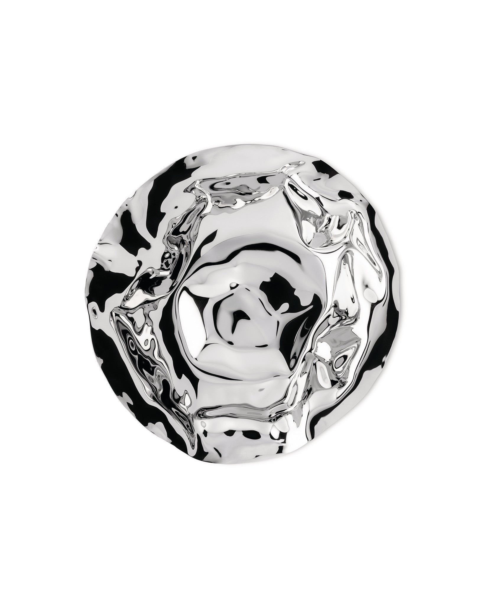 Polished silver decorative bowl by Alessi with an undulating, fluid surface creating abstract reflections.