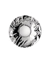 Round silver bowl by Alessi with a wavy, highly reflective surface and smooth white center.