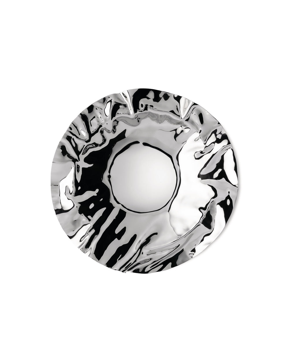 Round silver bowl by Alessi with a wavy, highly reflective surface and smooth white center.