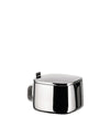Shiny, square-shaped stainless steel sugar bowl by Alessi with a small handle and fitted lid.