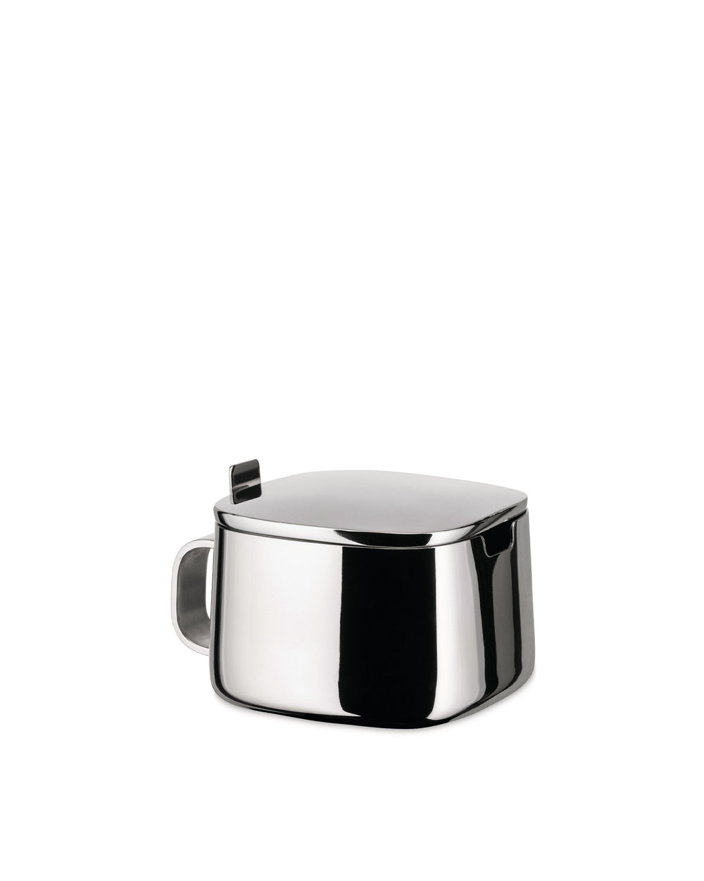 Shiny, square-shaped stainless steel sugar bowl by Alessi with a small handle and fitted lid.