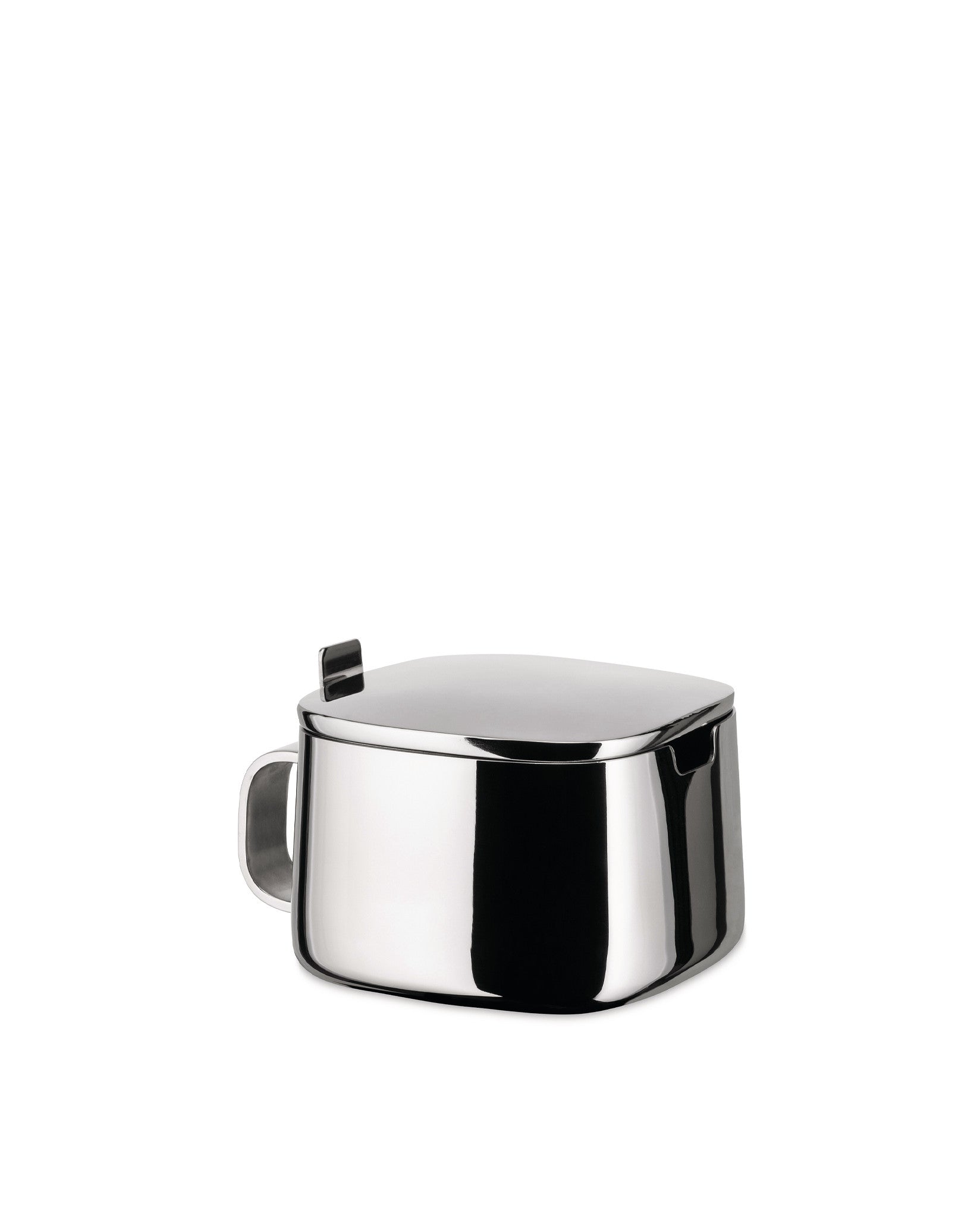 Shiny, square-shaped stainless steel sugar bowl by Alessi with a small handle and fitted lid.