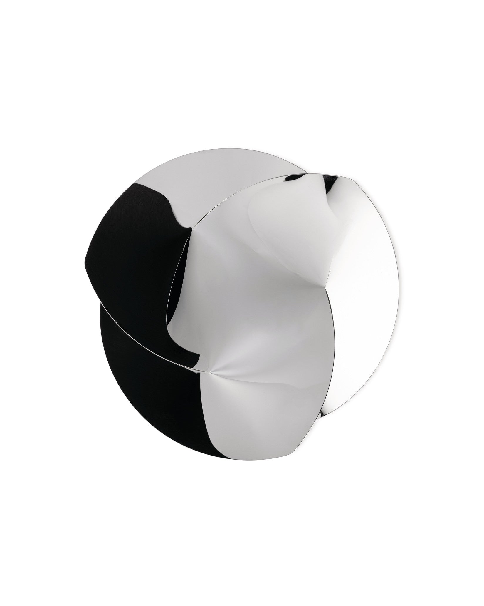 Silver polished metal sculptural centerpiece by Alessi, featuring an intricate, highly reflective, twisted design.