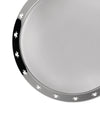 Shiny silver mini metal tray by Alessi, featuring 'Girotondo' cutout figures on its rim.