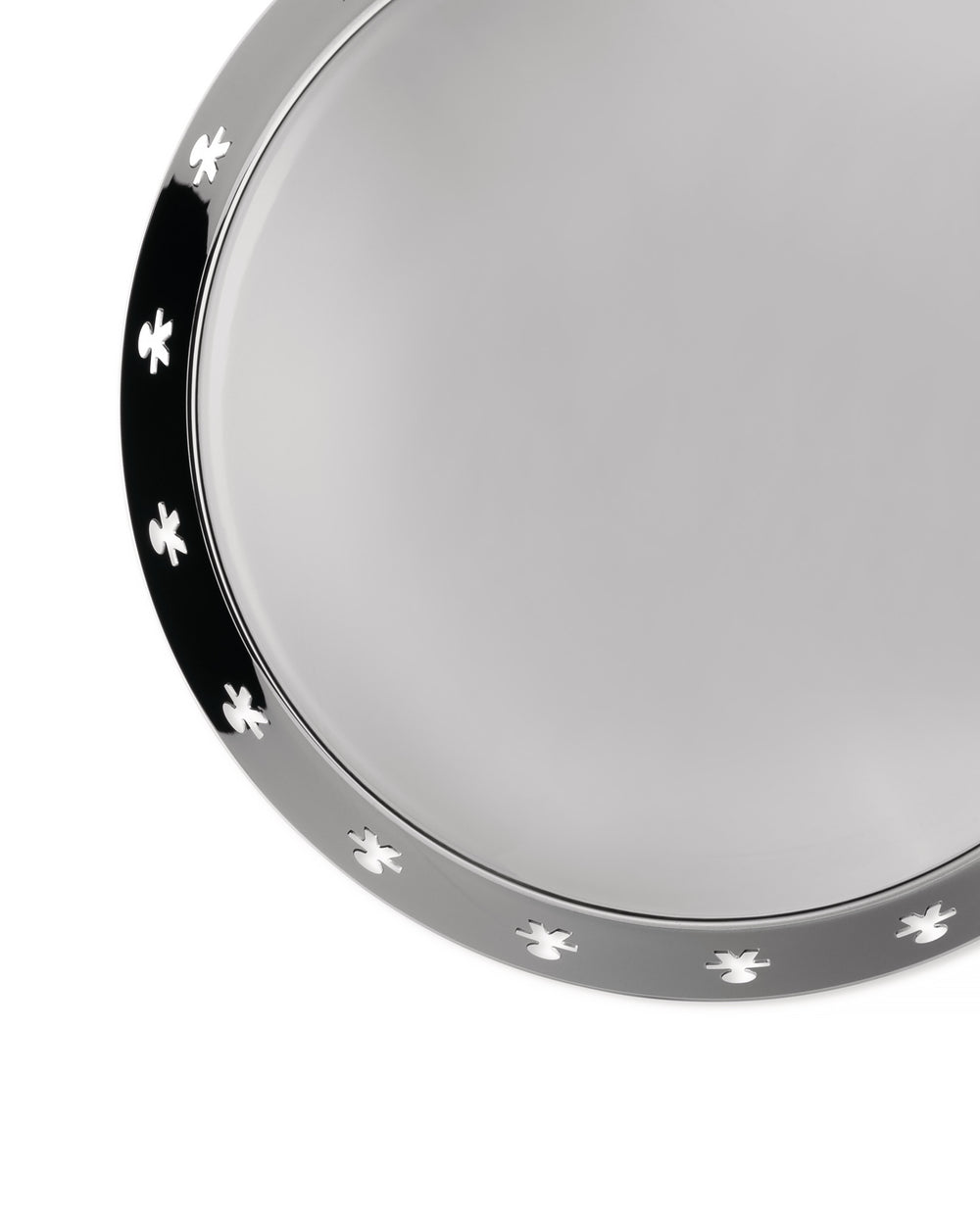 Shiny silver mini metal tray by Alessi, featuring 'Girotondo' cutout figures on its rim.
