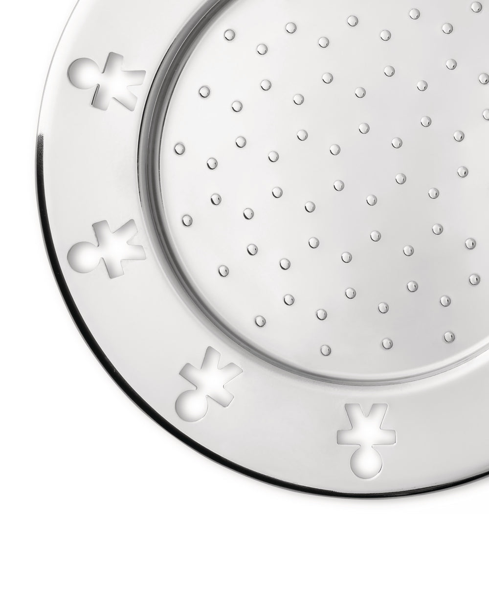 Silver-toned, perforated metal tray by Alessi, with a border of iconic 'little man' cutouts.