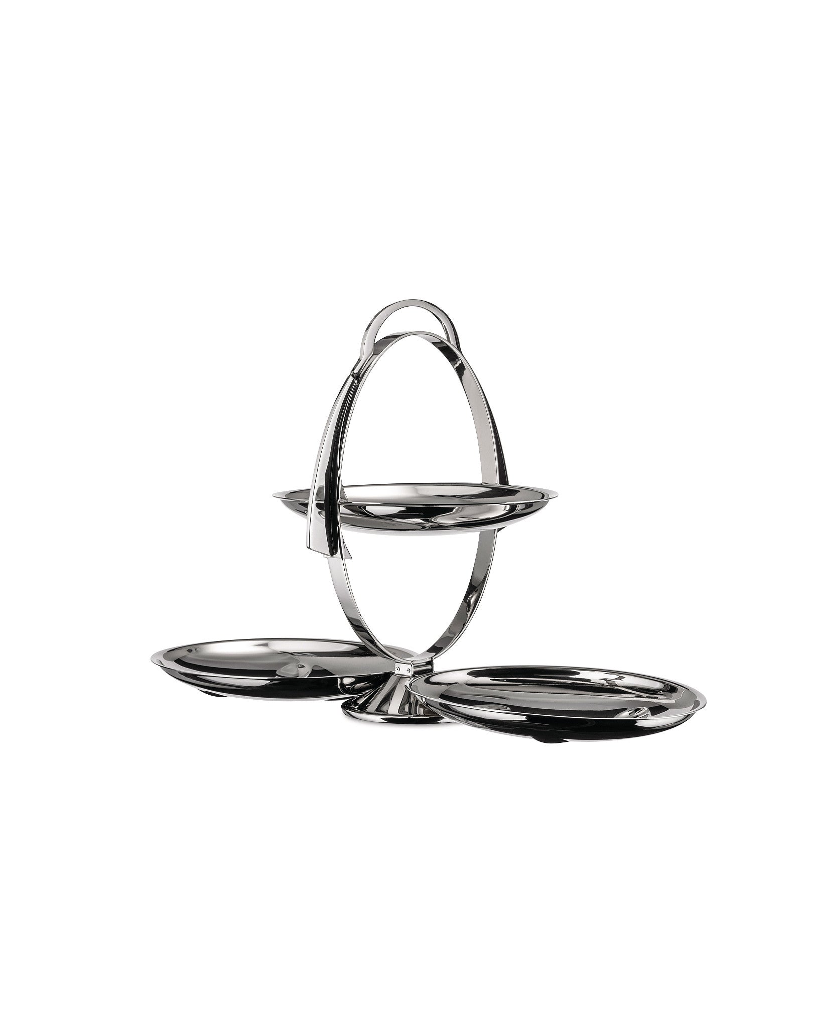 Silver-toned folding tiered serving tray by Alessi, with a polished, reflective finish and a top handle.