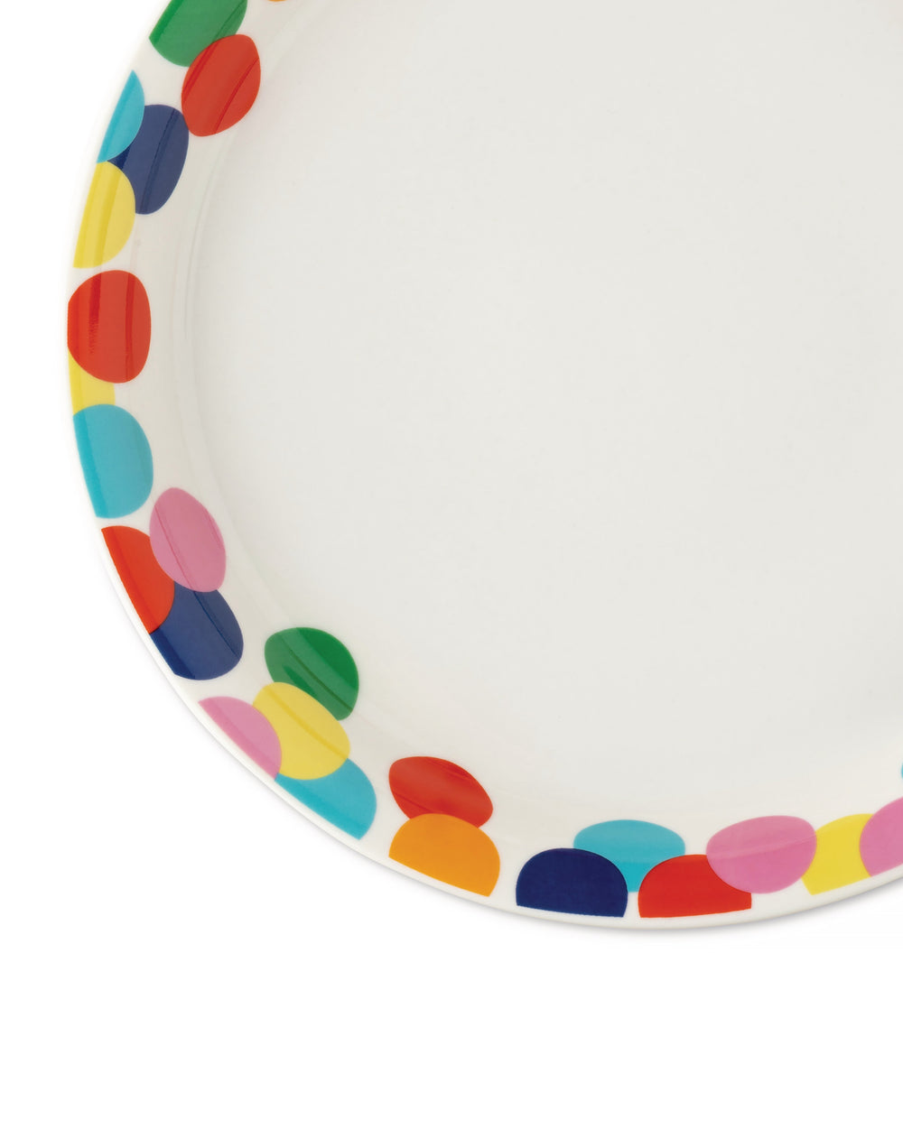 White plate by Alessi with a colorful polka dot rim, shown in a cropped view.