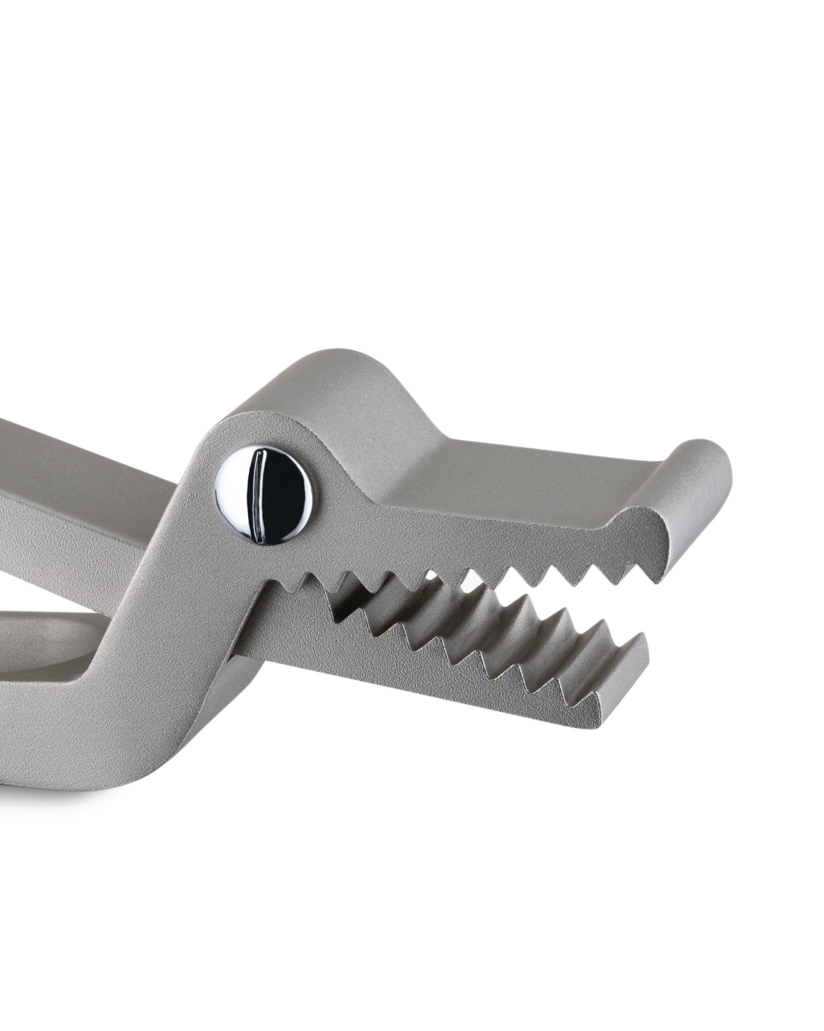 Grey metal serving tongs by Alessi, styled as a crocodile head with serrated jaws and a shiny eye.
