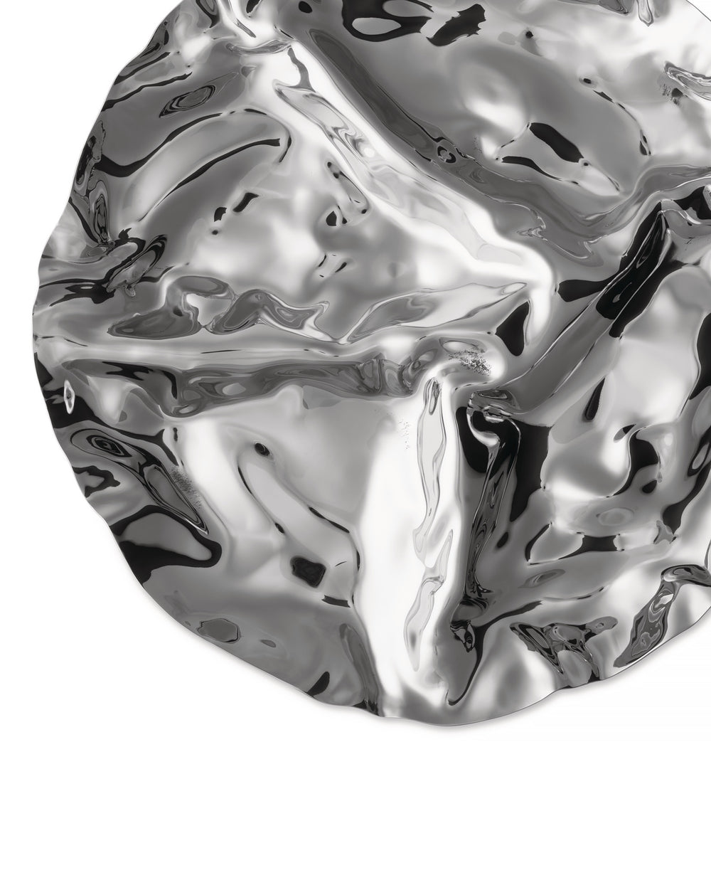 Silver-colored wavy serving plate by Alessi, featuring a highly reflective, undulating surface.