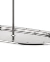 Cropped view of a polished metal oblong serving tray by Alessi, with a central rod and decorative studs.