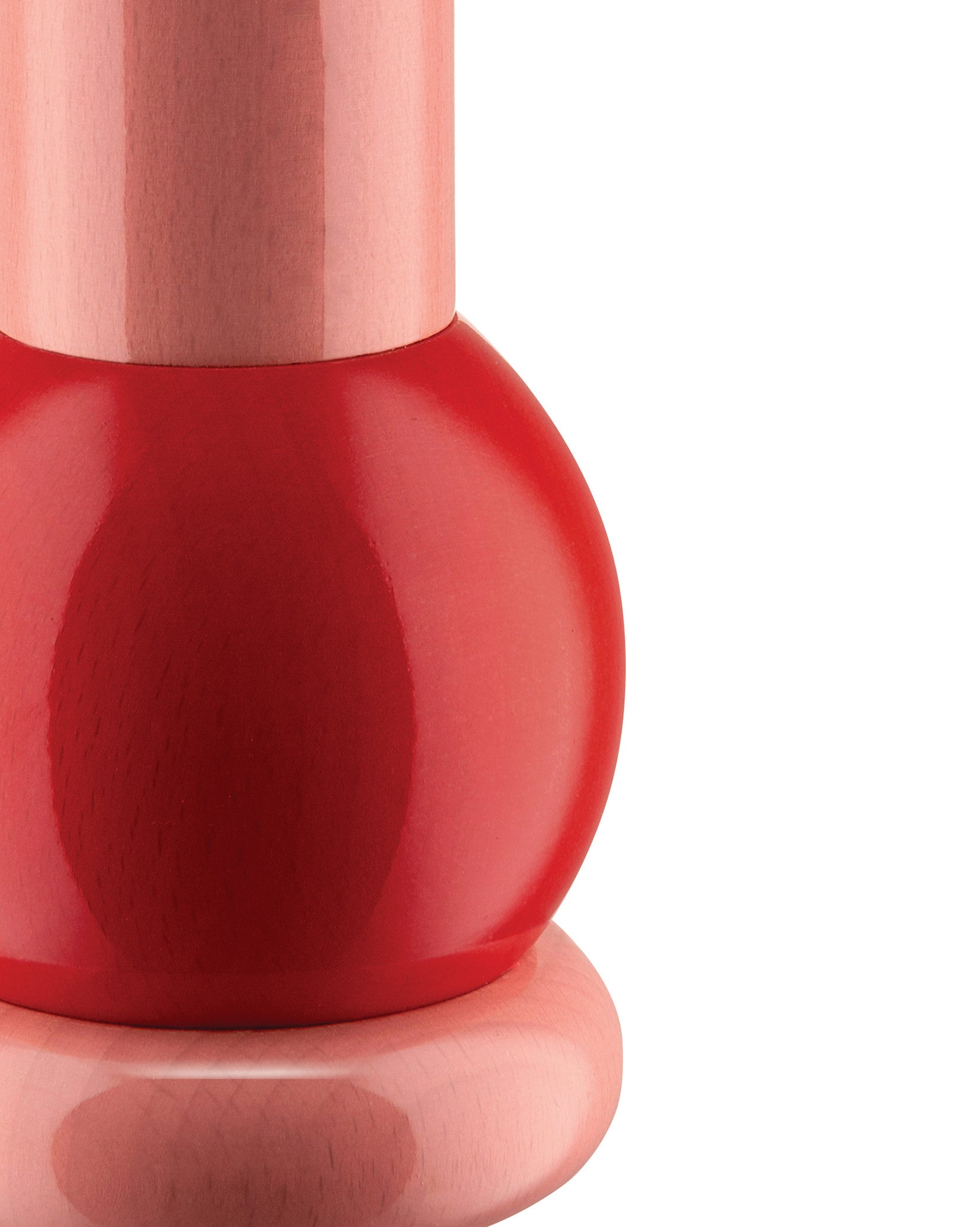 Cropped red and pale wood pepper mill by Alessi, featuring a smooth, lacquered finish and curved design.