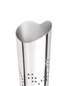 Silver perforated stainless steel object by Alessi with a wavy top edge and a shiny, reflective surface.