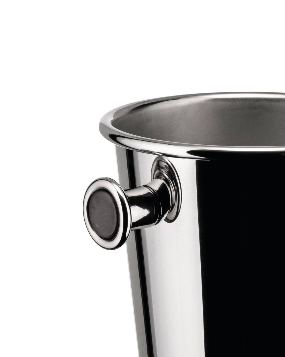 Polished stainless steel wine cooler by Alessi, featuring a distinctive dark-centered handle, in close-up.