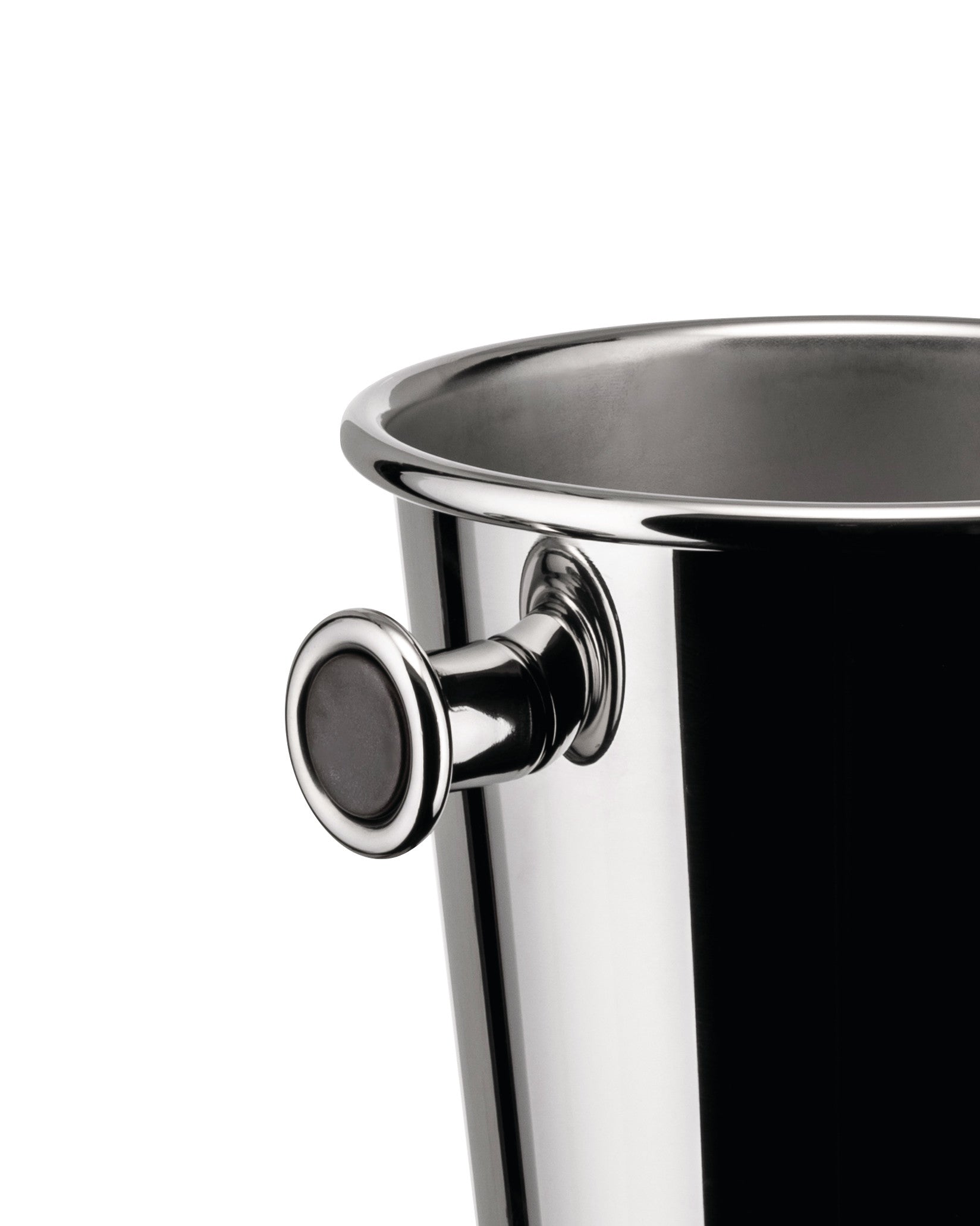 Polished stainless steel wine cooler by Alessi, featuring a distinctive dark-centered handle, in close-up.