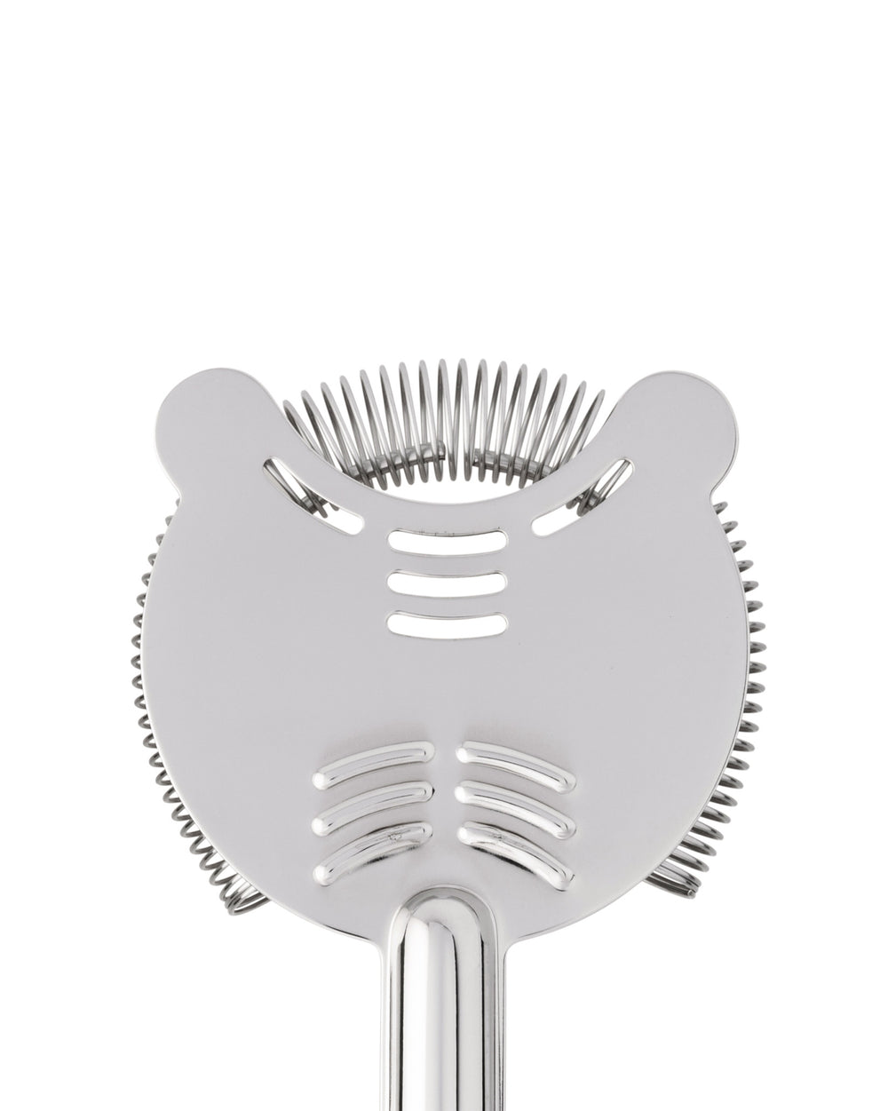 Stainless steel cocktail strainer by Alessi, with a coiled spring and slotted face, close-up.