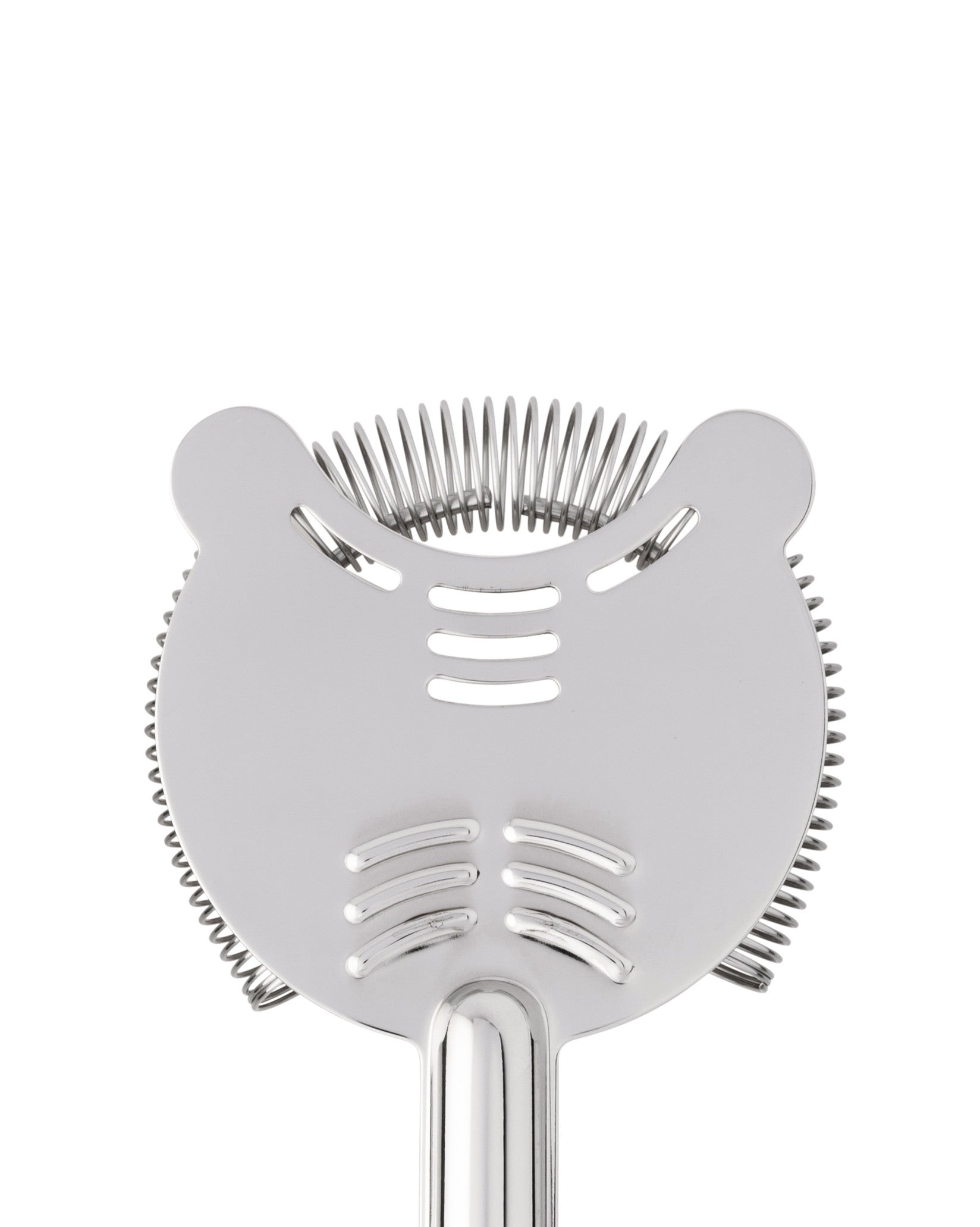 Stainless steel cocktail strainer by Alessi, with a coiled spring and slotted face, close-up.