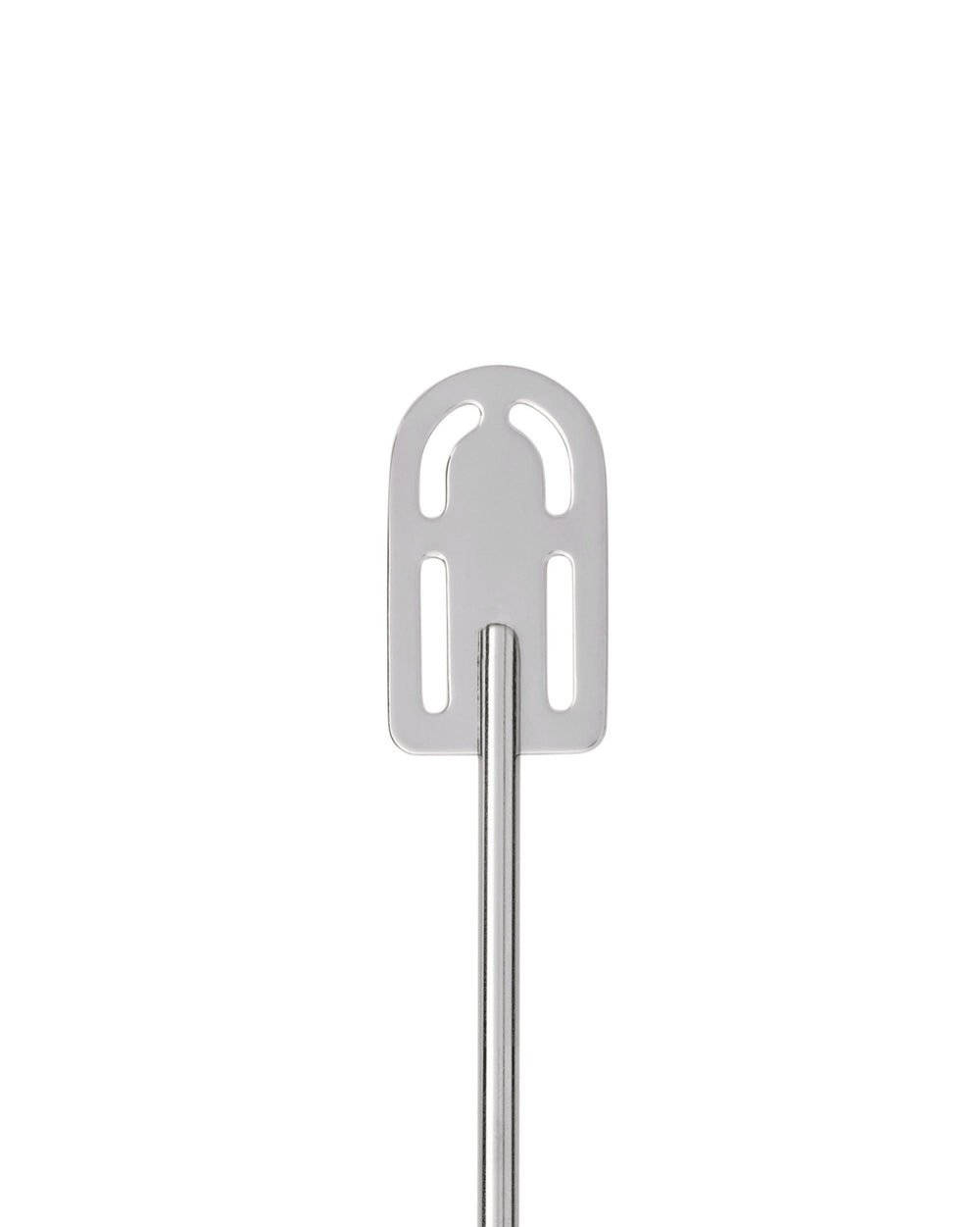 Silver stainless steel milk frother stirrer by Alessi, with a slotted paddle head and rounded top.