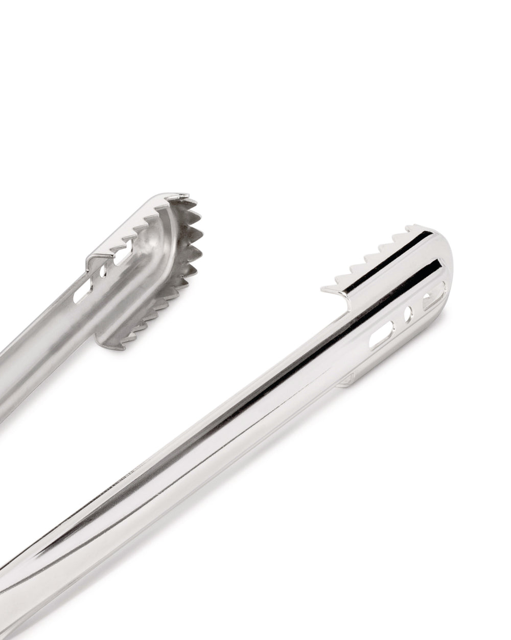 Polished stainless steel ice tongs by Alessi with a distinct curved shape and serrated gripping edges.
