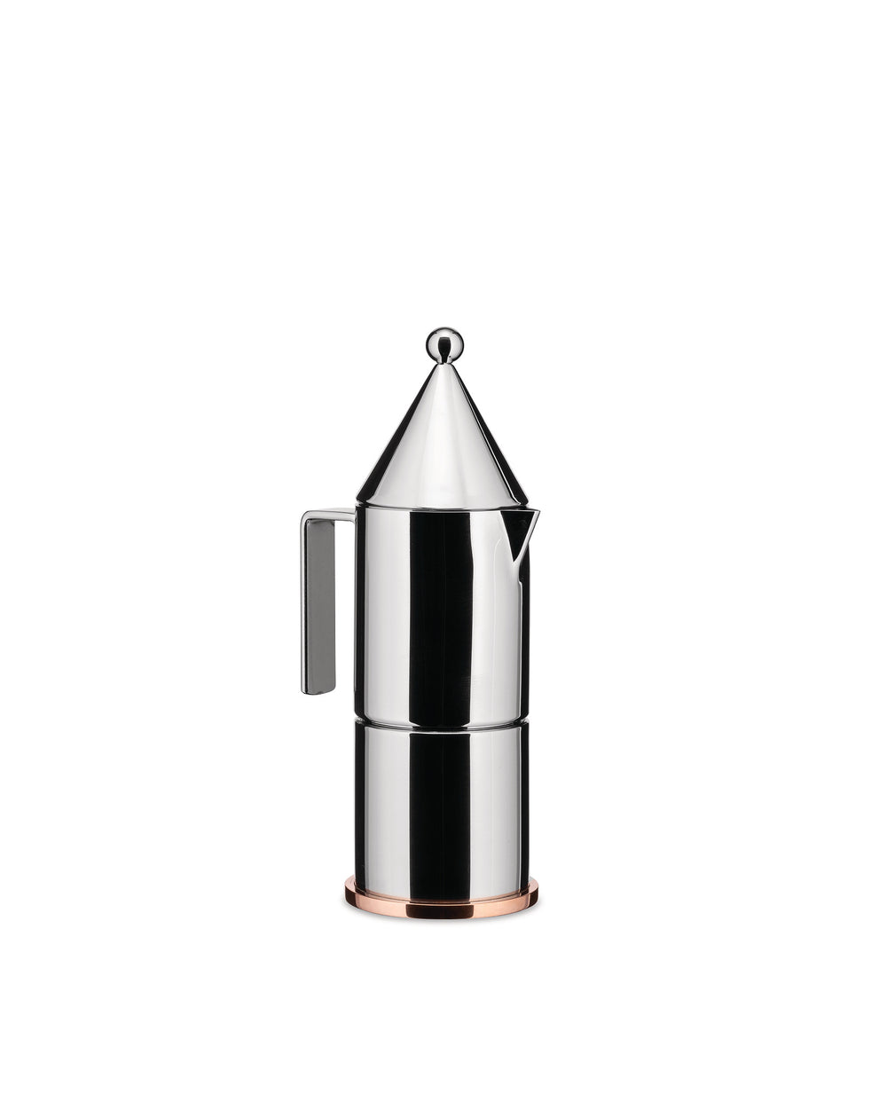 Polished stainless steel coffee maker by Alessi with a conical top and a copper base ring.