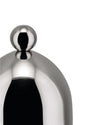 Silver metal sugar bowl by Alessi with a spherical handle on a domed lid, cropped.