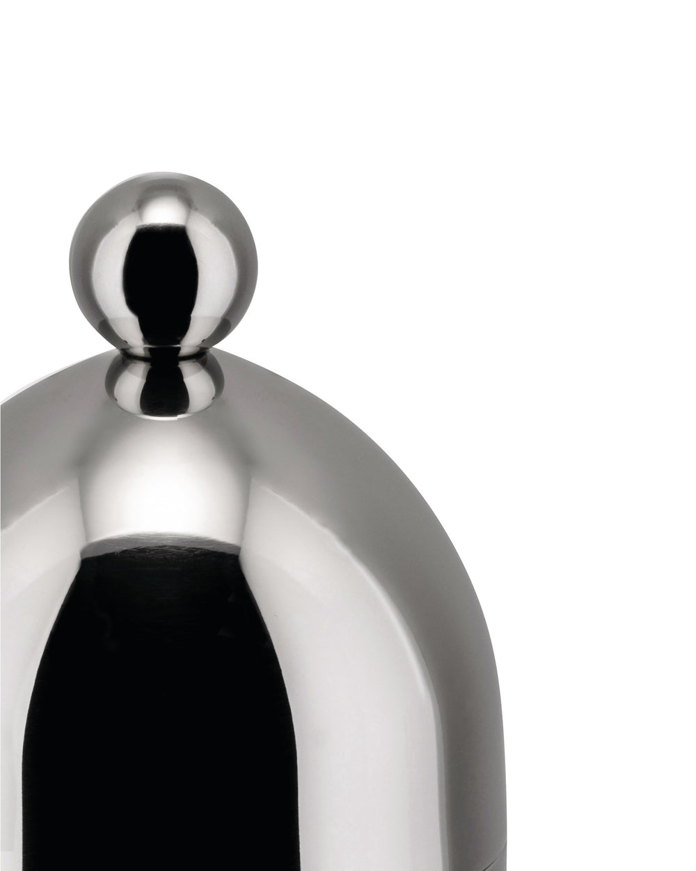 Silver metal sugar bowl by Alessi with a spherical handle on a domed lid, cropped.