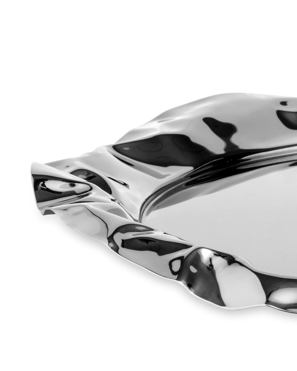 Wavy silver metallic tray by Alessi, with a highly reflective, crumpled edge.