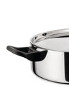 Stainless steel cooking pot with lid by Alessi, featuring a glossy finish and a black side handle, cropped view.