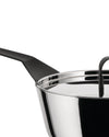 Stainless steel saucepan with black handle by Alessi, featuring a reflective lid with a black handle.