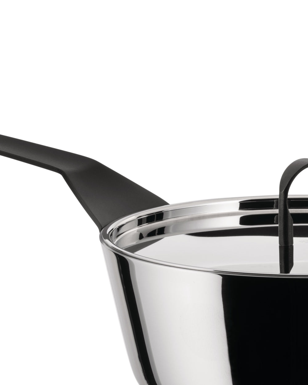Stainless steel saucepan with black handle by Alessi, featuring a reflective lid with a black handle.