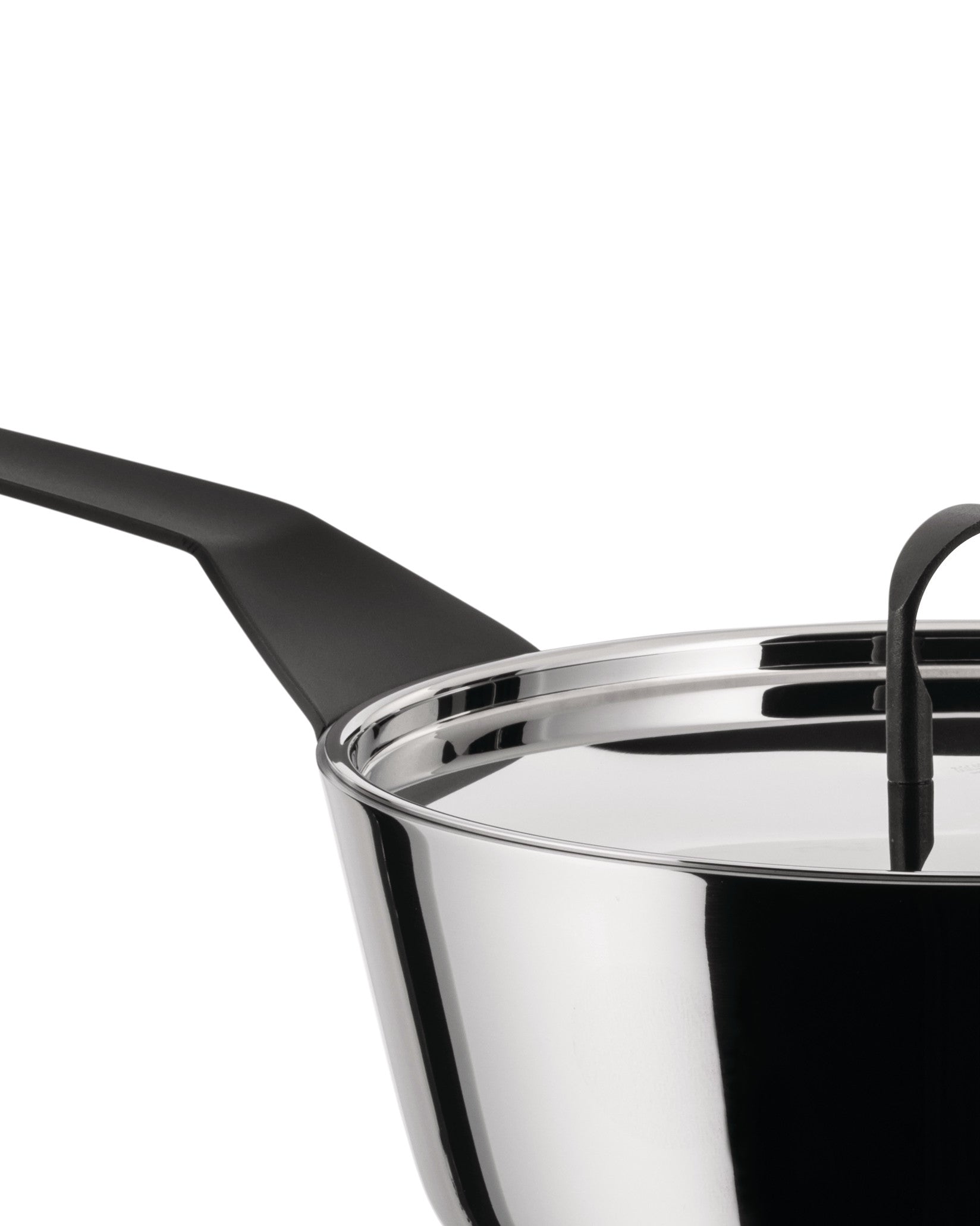 Stainless steel saucepan with black handle by Alessi, featuring a reflective lid with a black handle.