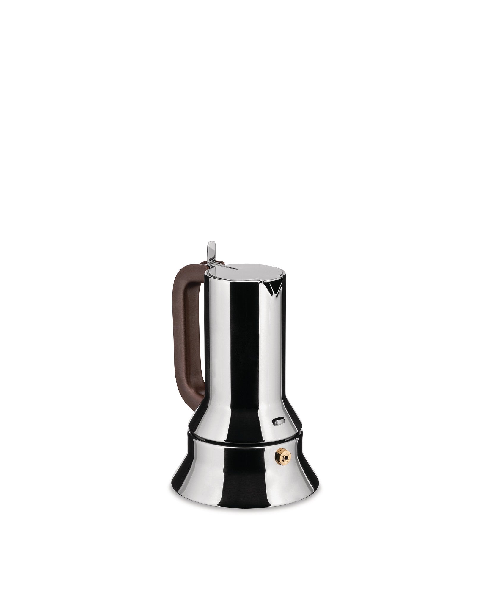 Stainless steel espresso maker by Alessi with a brown handle and golden pressure valve.
