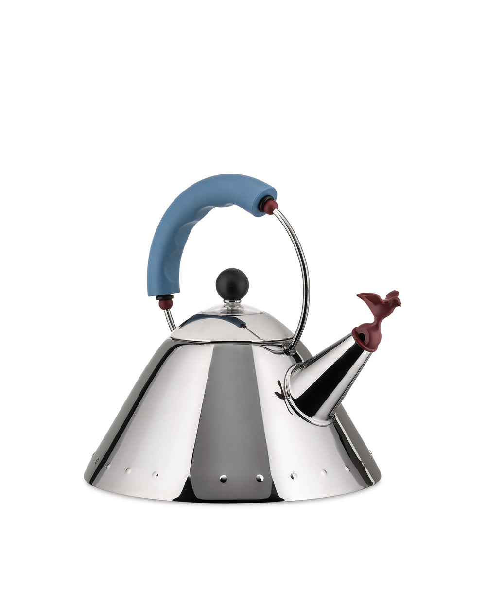 Polished stainless steel conical kettle by Alessi featuring a light blue handle and a red bird whistle.