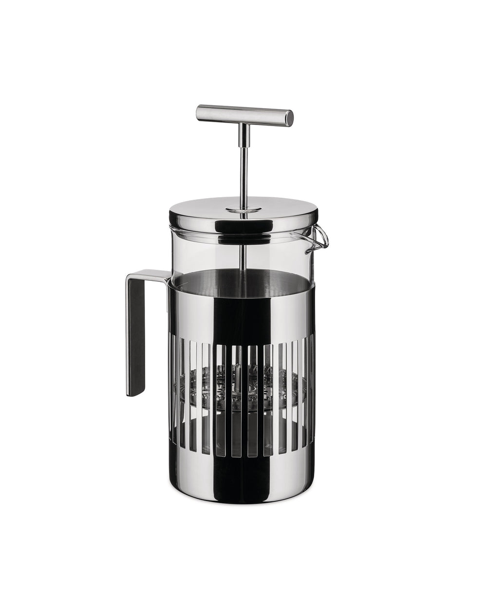 Chrome-plated French press coffee maker with clear glass by Alessi, featuring a perforated metal cage and T-shaped plunger handle.