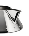 Polished stainless steel moka pot by Alessi with a distinct triangular spout and visible rivets, close-up view.