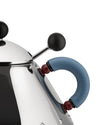 Chrome kettle by Alessi with a black whistle and a blue handle adorned with red beads, close-up.