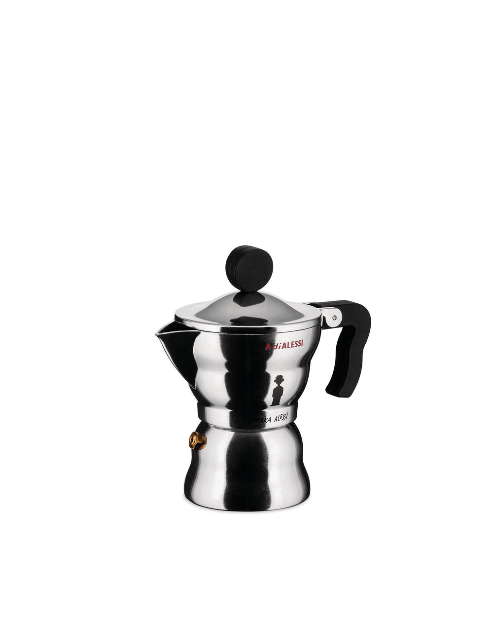 Shiny stainless steel moka pot by Alessi with black handle, knob, and a distinctive man silhouette on the side.