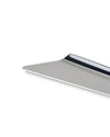 Silver metal cake server by Alessi with a shiny curved handle and matte blade.