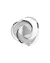 Geometric silver metal bowl by Alessi with a swirling abstract design and high-contrast reflections.
