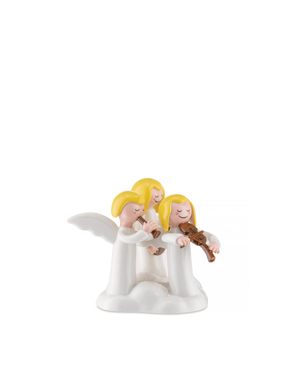 White ornamental figurines by Alessi of three yellow-haired angels playing flute and violin on a cloud base.