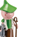 A glossy shepherd figurine with a green hat by Alessi, holding a brown staff, accompanied by a gray dog, close-up.