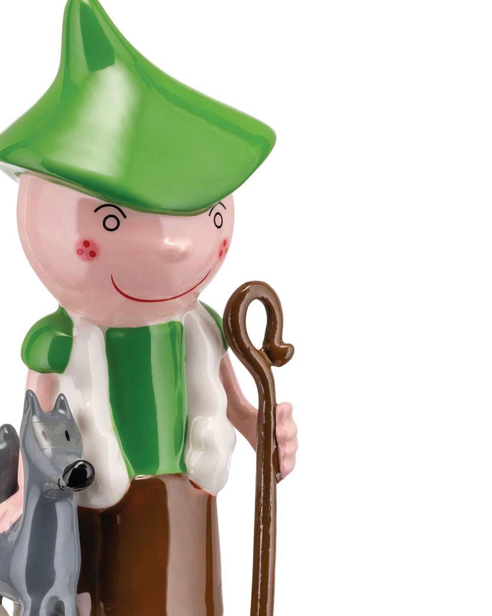 A glossy shepherd figurine with a green hat by Alessi, holding a brown staff, accompanied by a gray dog, close-up.