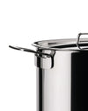Stainless steel pot by Alessi, cropped, with a shiny, reflective surface and handle.