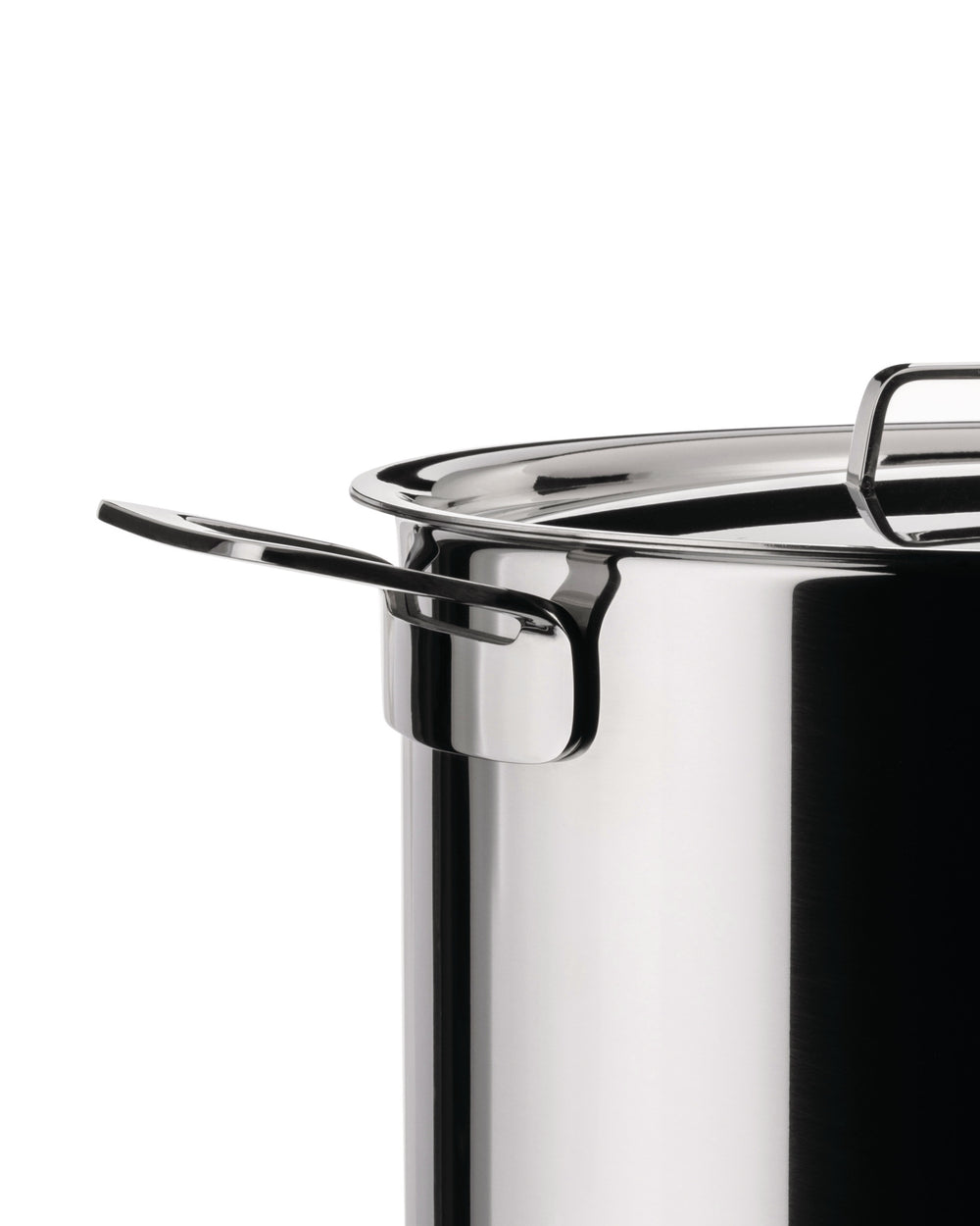 Stainless steel pot by Alessi, cropped, with a shiny, reflective surface and handle.