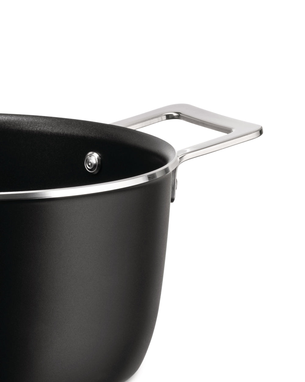 Matte black casserole pot by Alessi with a sleek silver handle and rim, cropped view.