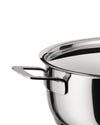 Sleek stainless steel pot by Alessi with a matching lid and modern handles, cropped view.
